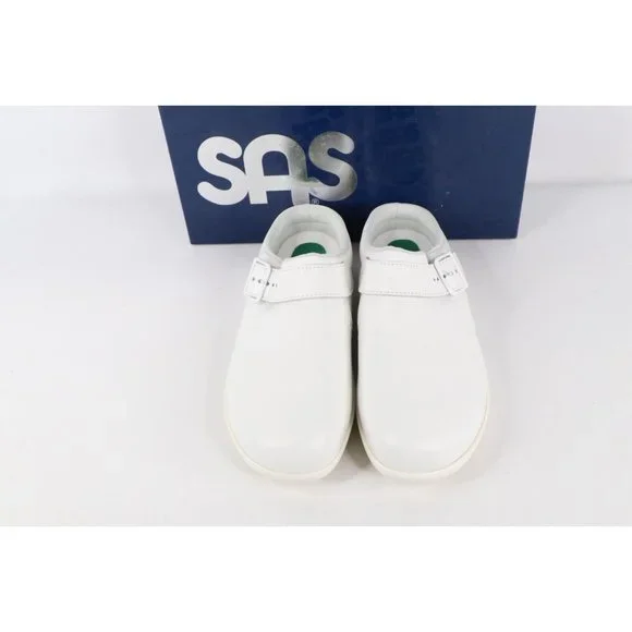New SAS San Antonio Shoemakers Womens 8.5 N Leather Buckle Clogs Shoes White USA
